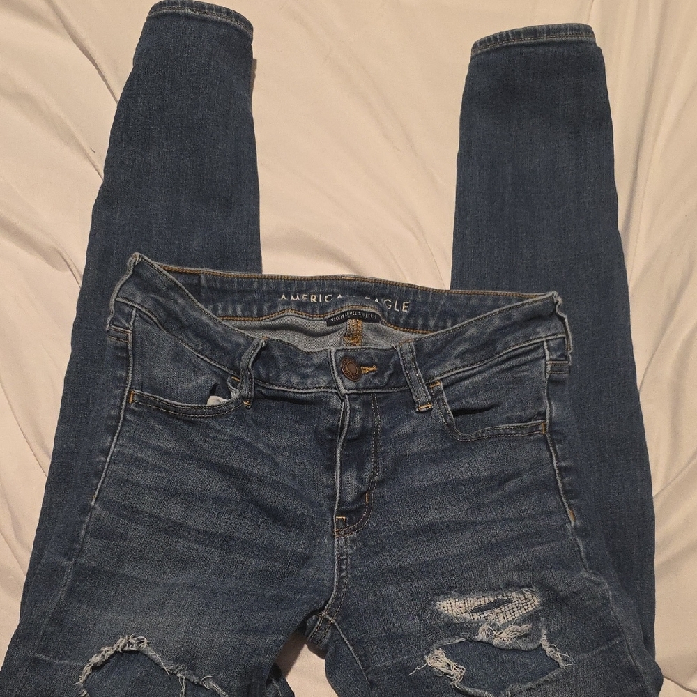 American Eagle Outfitters Blue Skinny Jeans with Distressed Details